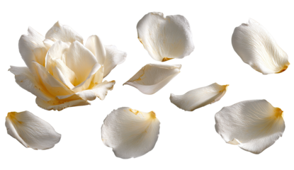 Pale cream rose and petals, isolated on black