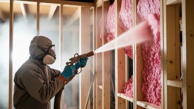 worker in grey protective suit respirator and blue gloves sprays vibrant pink foam insulation onto wooden wall studs with gun textured surface in misty construction area