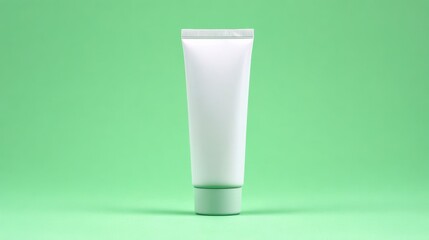 A plain white cosmetic tube stands upright against a solid green background, suggesting minimalism and skincare packaging