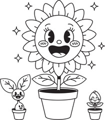 Vector art of happy sunflower cartoon character in a pot with two small plants around it