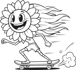 Vector art of sunflower cartoon character skateboarding with a happy face in black and white