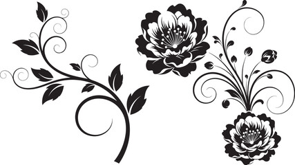 Vector art of elegant floral design featuring blooming flowers and swirling vines with leaves