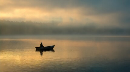 Fototapeta premium A lone person sits in a small boat on a calm lake, surrounded by mist and soft golden light at sunrise or sunset