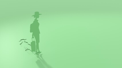 Fototapeta premium Woman silhouette. Young female traveler walking with baggage goes on vacation. Concept of an urban transportation and travel or lifestyle blogs. Paper cut style. 3D render.