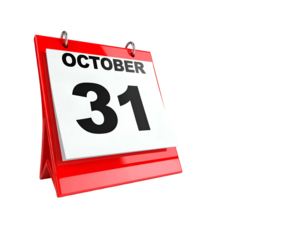 A red desk calendar shows October 31st against a stark black background