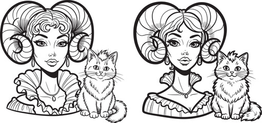 Vector art of two girls with ram horns and cats, a unique and whimsical illustration