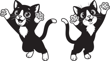 Vector art of two cheerful black and white cartoon cats waving their paws, perfect for kids coloring book