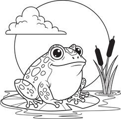 Vector art of a cute frog sitting on a lily pad, a charming coloring page