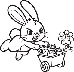 Vector art of a determined bunny pushing a cart full of vegetables, with a cheerful flower on wheels