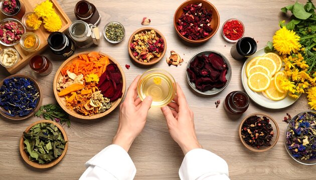 Herbalist preparing tea with dried flowers and herbs - Powered by Adobe