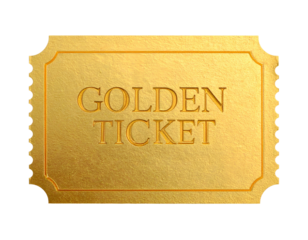 A shiny, gold rectangular ticket with "GOLDEN TICKET" embossed on its surface