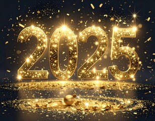 Golden 2025 with falling confetti and sparkles