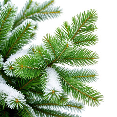 Evergreen branch with snow, isolated. Christmas tree detail, close-up