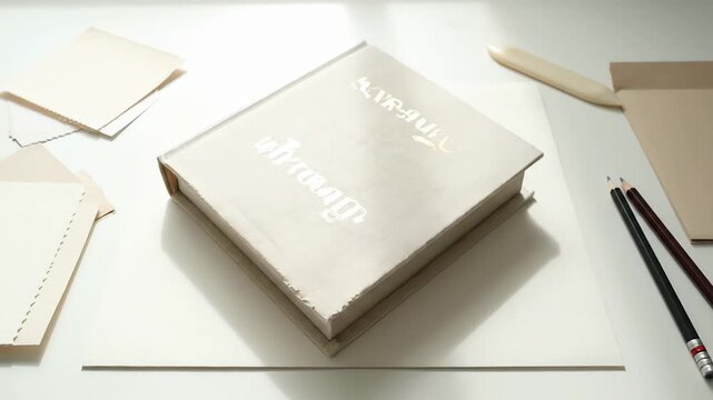 Handbound book with an embossed cover lying on a white desk surrounded by paper crafting supplies, pencils, and a bone folder, with sunlight creating shifting shadows and highlights