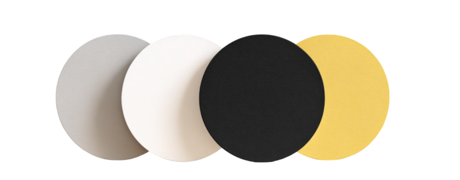 Four circular color swatches, grey, white, black, and gold
