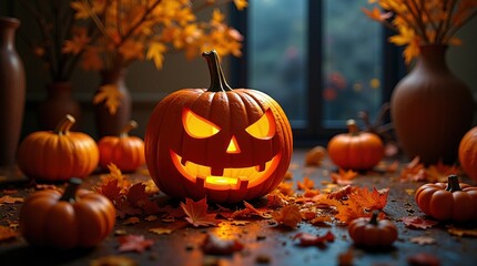 Spooky Jack-o'-Lantern with Glowing Face Surrounded by Autumn Pumpkins and Leaves