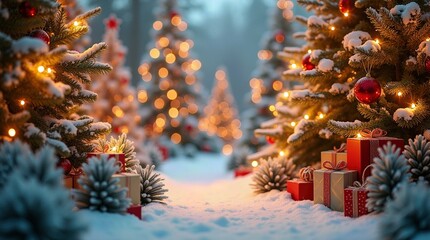 Red and Gold Christmas Ornaments on a Snowy Tree with a Festive Market Background
