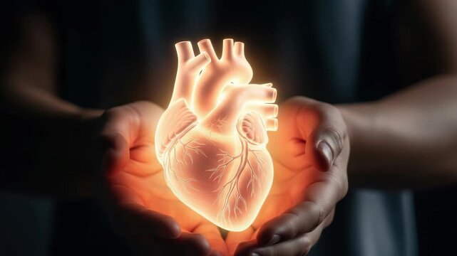 pair of cupped hands cradles brilliantly glowing translucent human heart against dark background radiating warm orange and white light Detailed arteries and veins are visible