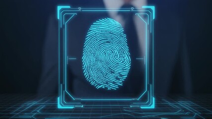 Man in suit pressing digital fingerprint scan for biometric identification. - Powered by Adobe