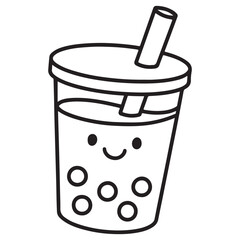Simple outline drawing of a cute, smiling bubble tea or boba drink in a plastic cup with a straw and tapioca pearls, perfect for food themes, coloring pages, and Asian cuisine graphics.