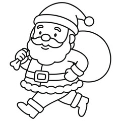 Outline illustration of a happy Santa Claus walking briskly while carrying a large sack of gifts or presents over his shoulder, perfect for Christmas coloring books, holiday greeting cards, and season