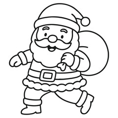 Outline illustration of a happy, chubby Santa Claus running while carrying a large sack of gifts, perfect for Christmas coloring pages, children's books, and holiday promotional materials.