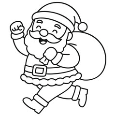 Outline drawing of an excited, very happy Santa Claus running quickly while carrying a large sack of gifts, perfect for Christmas coloring pages, holiday projects, and festive decorations.
