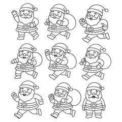 A collection of nine simple outline drawings showing Santa Claus in various running and standing poses, with and without a gift sack, ideal for Christmas coloring books, holiday activity pages