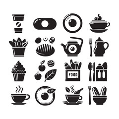 Array of 16 black and white food and drink icons on a white background Keywords: food, drink, icon, set, collection, meal, breakfast, lunch, dinner, beverage, coffee, tea, soup, fruit, apple