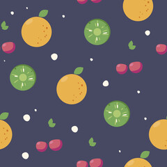 Vibrant Fruit Pattern with Oranges Kiwi and Berries on Dark Blue Background Sweet Summer Freshness and Colorful Minimalist Design