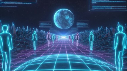 Futuristic cyberspace landscape with glowing figures and digital interface. - Powered by Adobe