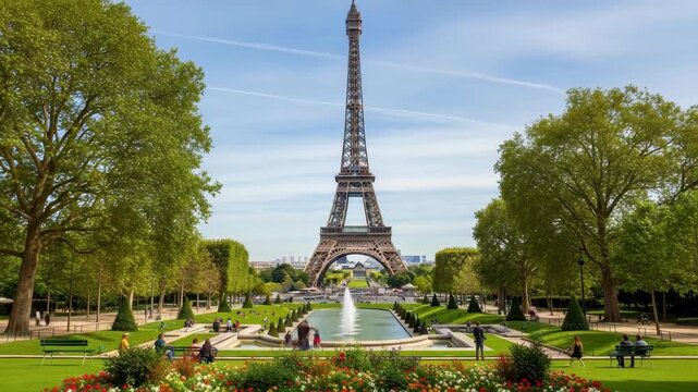 landmark tower dominates lush green gardens featuring vibrant flower beds central fountain and trimmed hedges People stroll and relax on benches under clear blue sky enjoying the scenic park