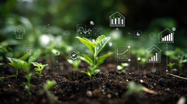 Young Green Sprouts Emerging From Dark Soil With Digital Chart Overlay - Powered by Adobe