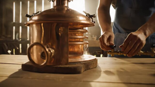 Skilled artisan carefully crafting aromatic lavender essential oil using a traditional copper alembic still in a rustic sunlit workshop, showcasing the meticulous process of natural distillation