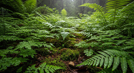 Obraz premium Lush green fern fronds cover the forest floor, creating a vibrant and textured landscape in a serene and natural environment