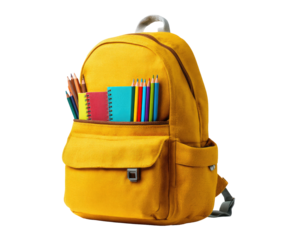Bright yellow backpack, filled with colorful school supplies