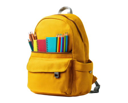 Bright yellow backpack, filled with colorful school supplies