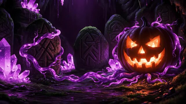 Jack O Lantern Glowing in Mysterious Forest Setting With Runestones and Purple Crystals