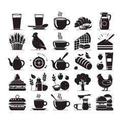Assortment of black food and drink icons featuring breakfast items baked goods and poultry on a white background Keywords: coffee cup croissant bread jar chicken wheat ears pie cake slice pastry