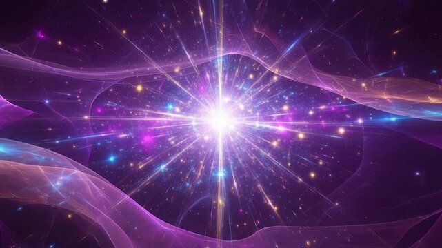 dazzling cosmic starburst in purple and pink dominates dark star-filled expanse Bright rays emanate from the center flanked by flowing luminous magenta and blue energy waves ethereal display