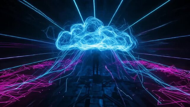 Futuristic Cloud Computing - Digital Brain and Data Flow Visualization.