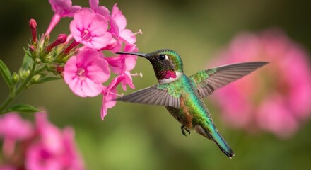 Fototapeta premium Vibrant hummingbird hovers near pink flowers