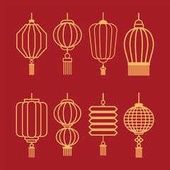 Set of chinese oriental lantern with red and gold
