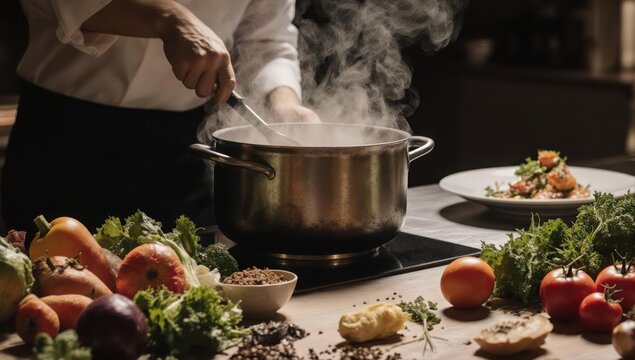 Chef Cooking Delicious Meal in a Steaming Pot Surrounded by Fresh Vegetables.