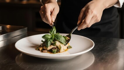 Chef garnishing a gourmet dish with fresh basil leaves in a professional kitchen setting.