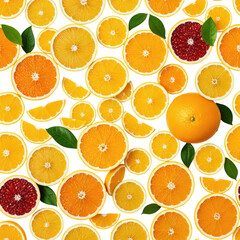 Colorful citrus slices and leaves, a vibrant seamless pattern on black