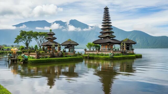 landscape features ancient structures on tranquil lake A multi-tiered shrine stands tall flanked by smaller pavilions with traditional roofs Lush mountains rise under partly cloudy sky reflecting in t