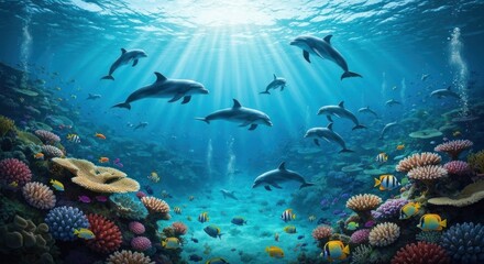 Obraz premium Vibrant underwater scene. Dolphins and colorful coral reef teeming with fish. Sunlight streams from above