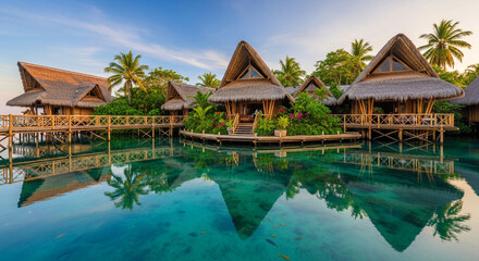 Picturesque overwater bungalows reflecting in the turquoise waters of a tropical resort at sunset, offering a luxurious vacation experience