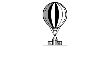 空飛ぶ熱気球の夢物語 ふわふわと穏やかに上昇する白黒のイラストレーション
